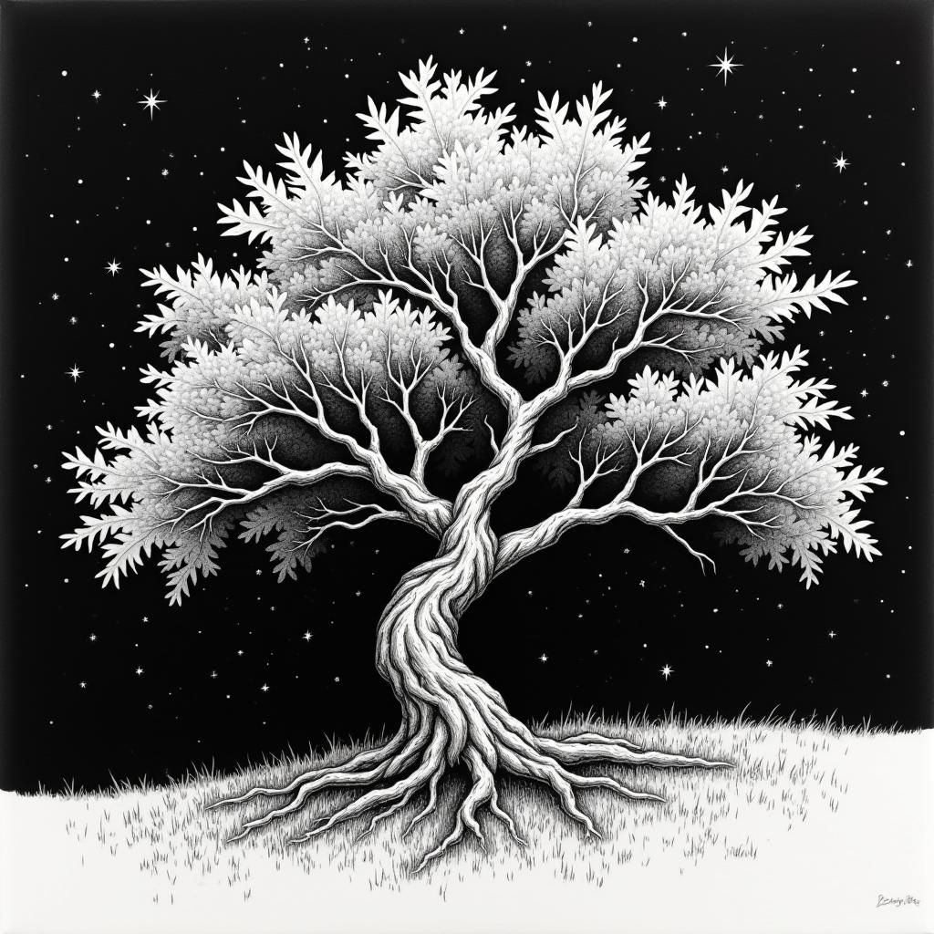 Monochromatic Oak Tree in Pen and Ink