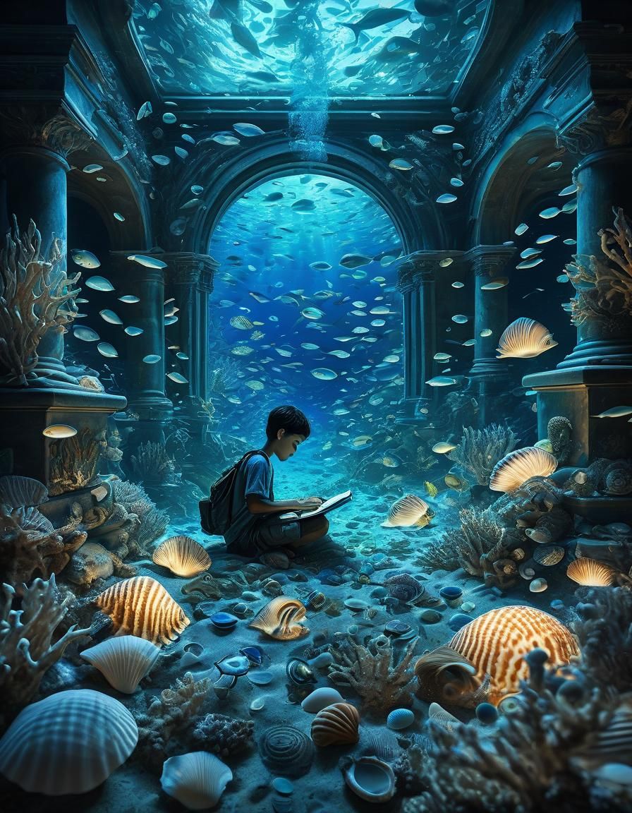 Atlantean Boy Studies Underwater with Bioluminescent Fish