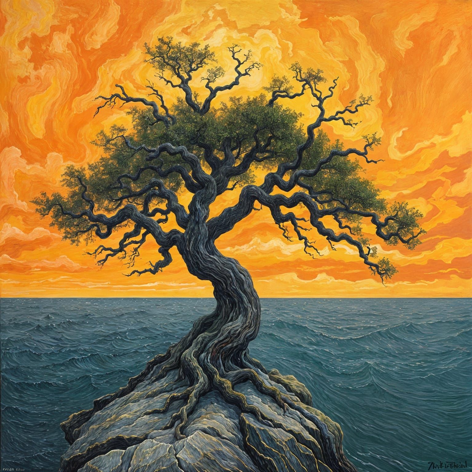 Vibrant Sunset Scene with Twisted Tree