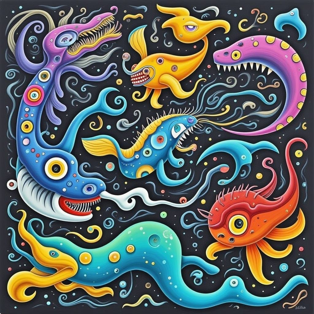 Psychedelic Sea Monsters in Charcoal Style