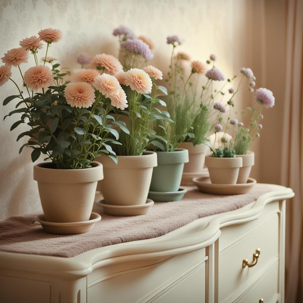 Impressionistic Flower Pots in Bedroom, Pastel Colors
