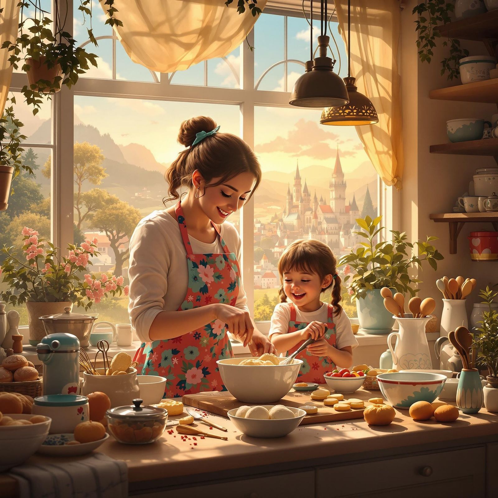 Cozy Kitchen Scene: Mother and Child Baking Fantasy Cake