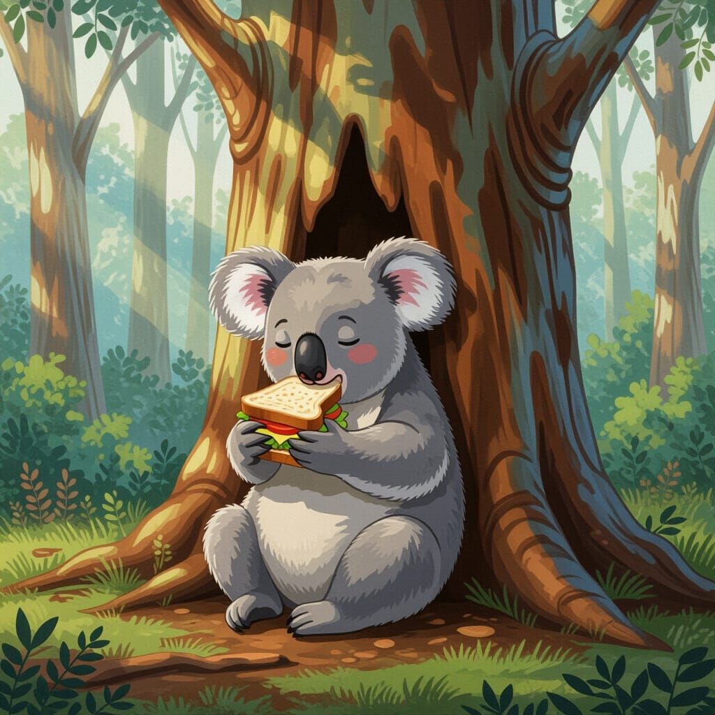 Charming Koala Resting in Misty Forest, Storybook Style