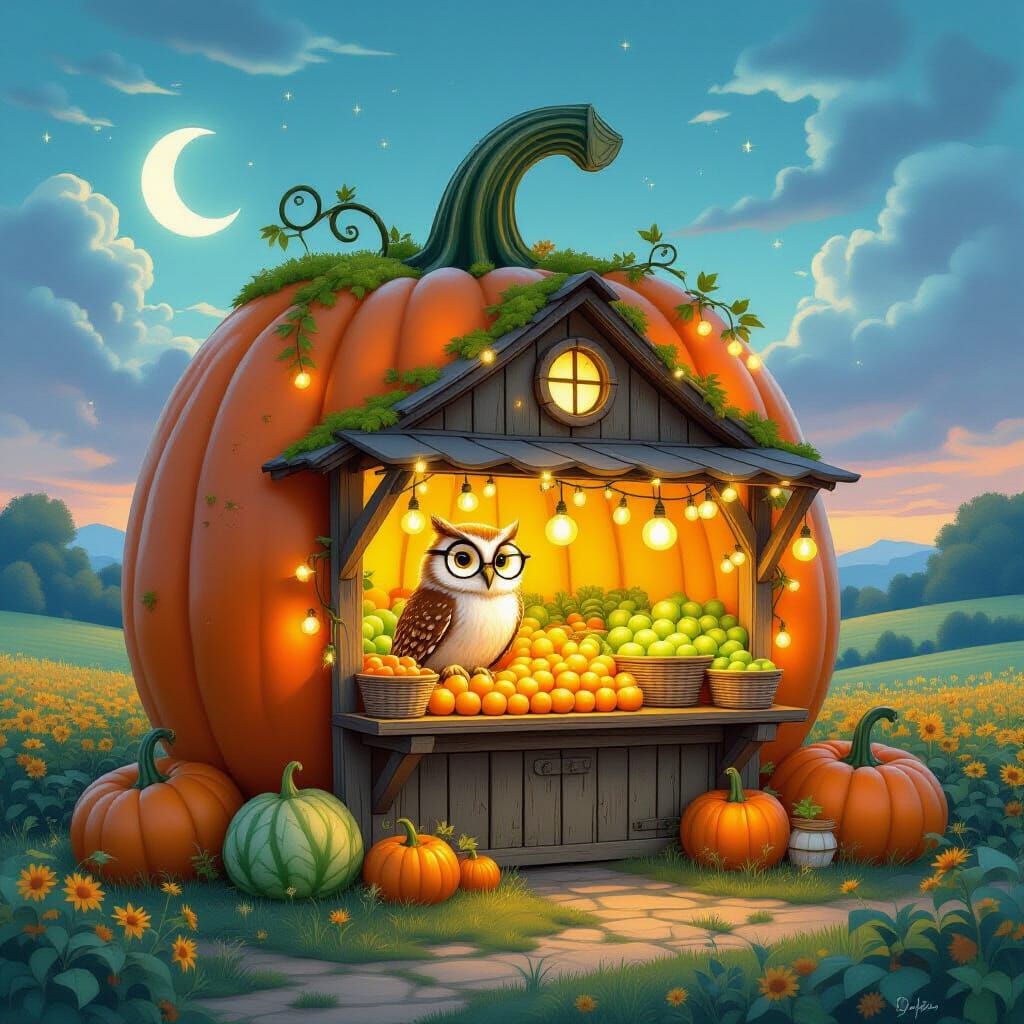 Enchanted Farmstand in Giant Pumpkin, Ghibli Style
