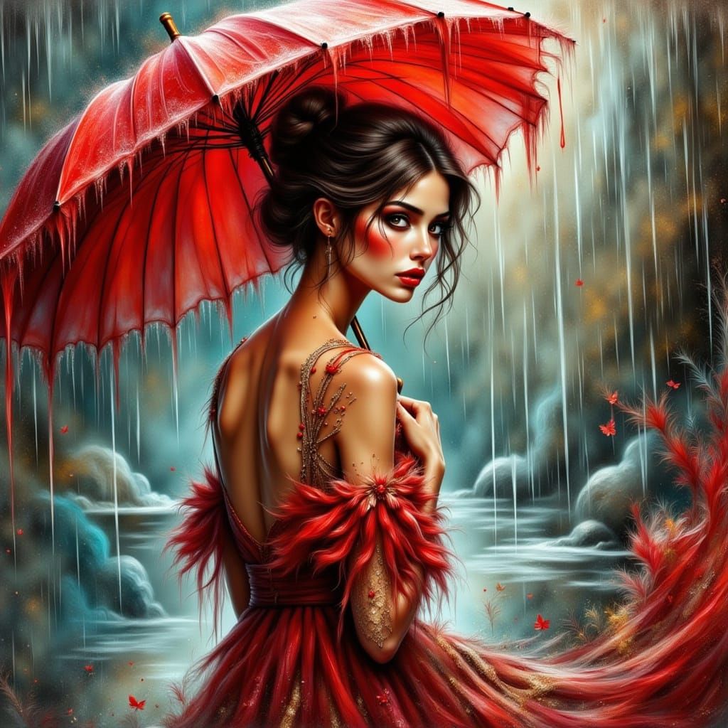 Elegant Woman in Whimsical Dusk Scene, Red and Gold Dress, W...