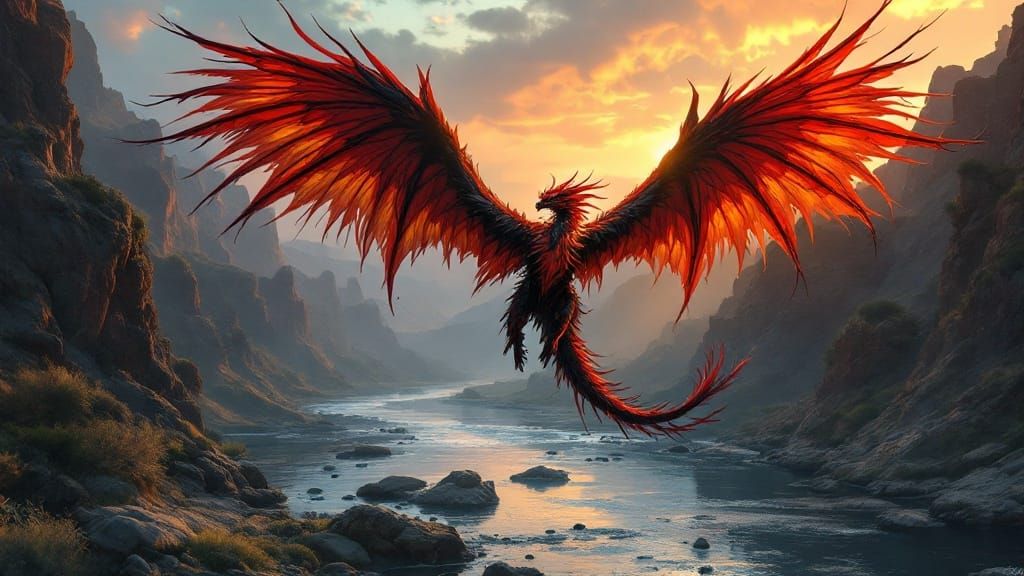Dragon Phoenix Soars Through Sunset Canyon