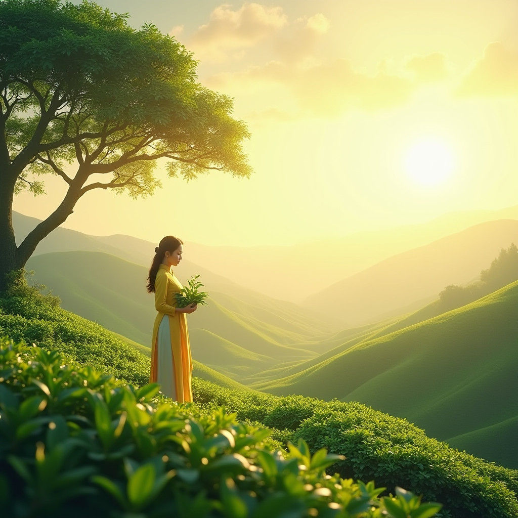 Lush Tea Plantation Scene in Pixar Style