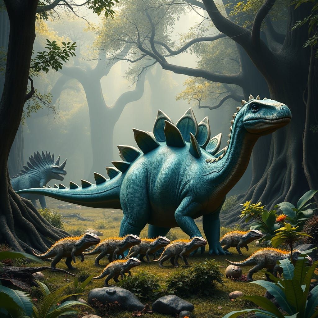 Majestic Stegosaurus Family in Vibrant Natural Habitat