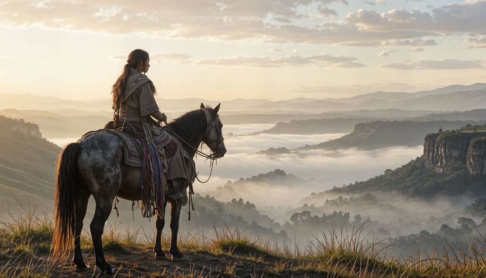 Native Woman and Horse Admire Misty Valley Sunrise in Matte ...