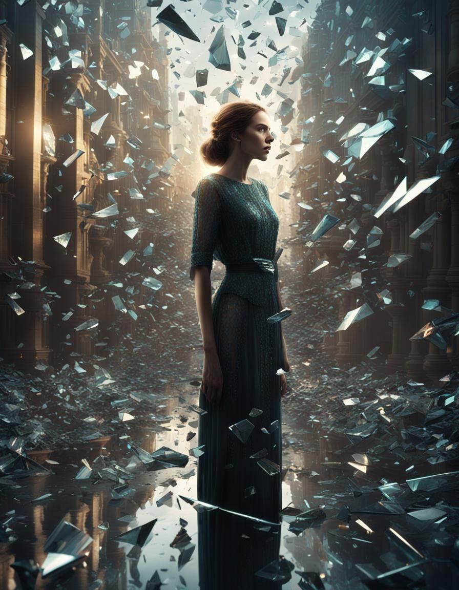 Woman's Reflection in Glinting Glass Shards