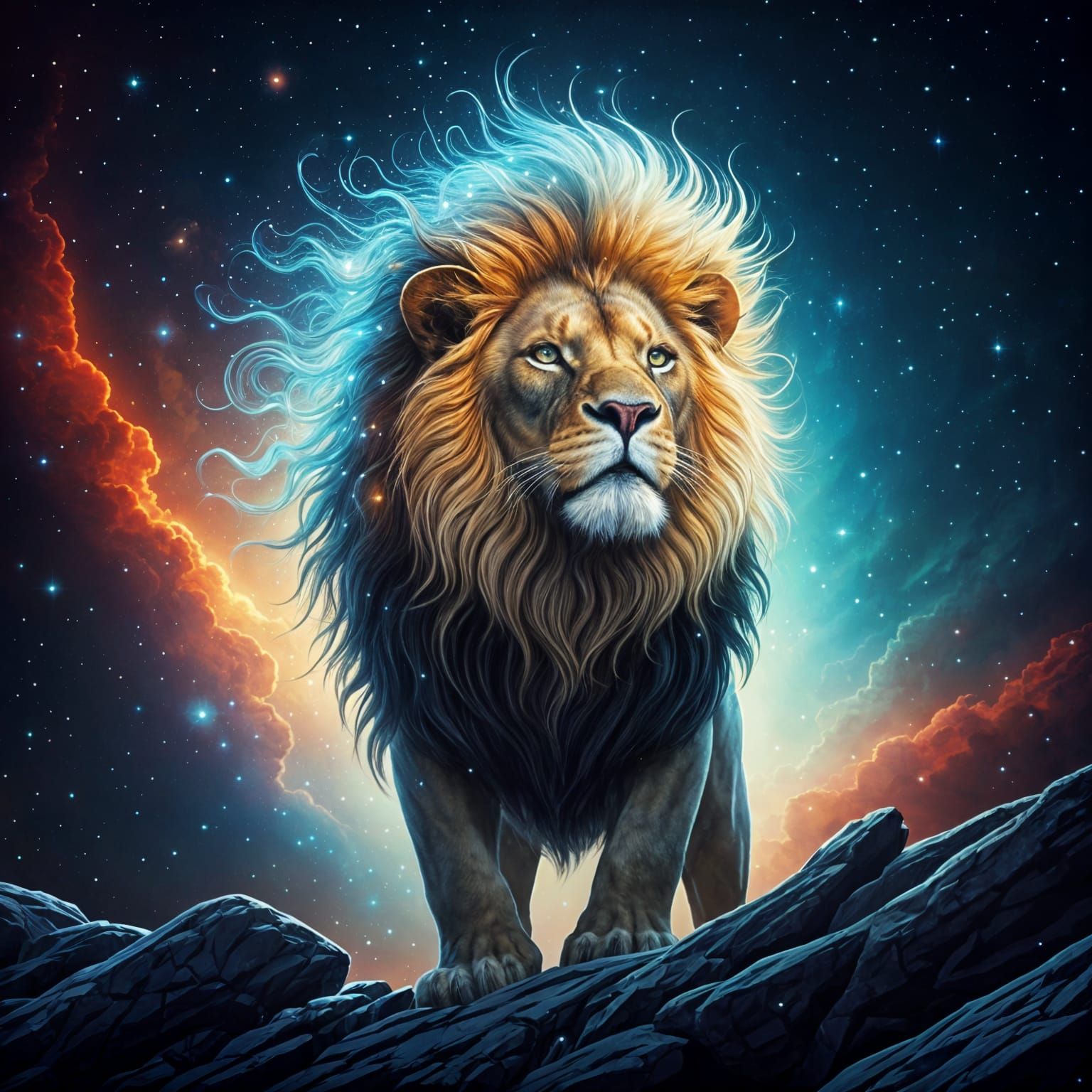 Majestic Starlight Lion Overlooking Nebula in Cosmic Oil Pai...