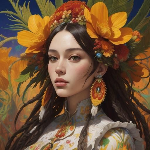 Woman with Flower Crown in Vivid Landscape
