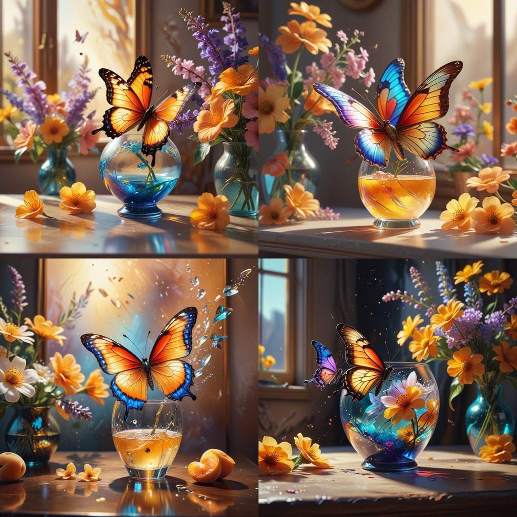 Butterfly's Abstract Journey Between Flowers and Juice