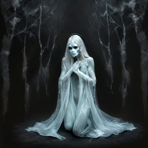 Ethereal Ghost Spirit in Dark Forest Painting