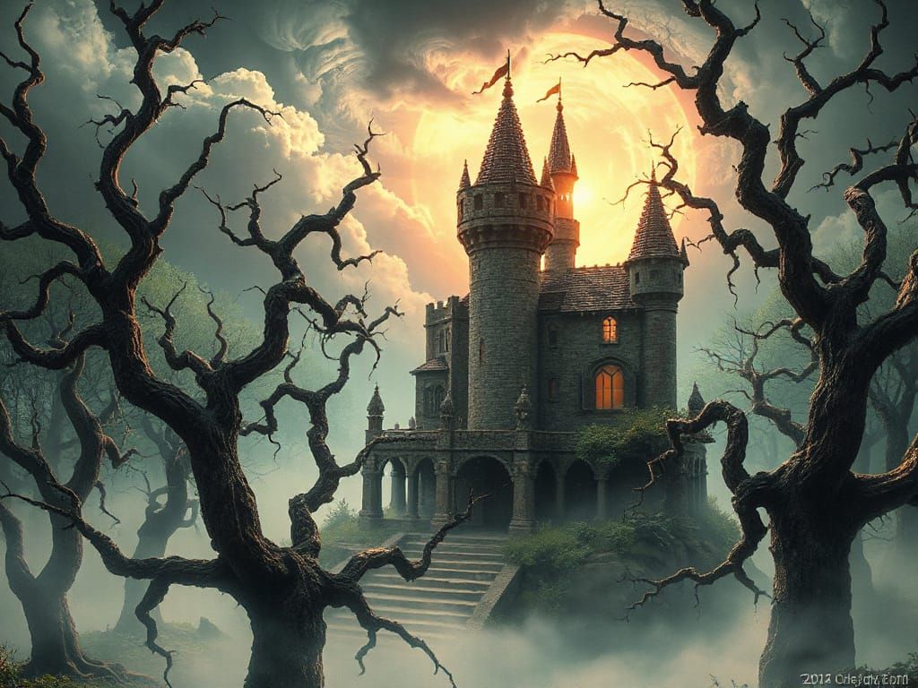 Ethereal Witch's Castle Amidst Glowing Forest