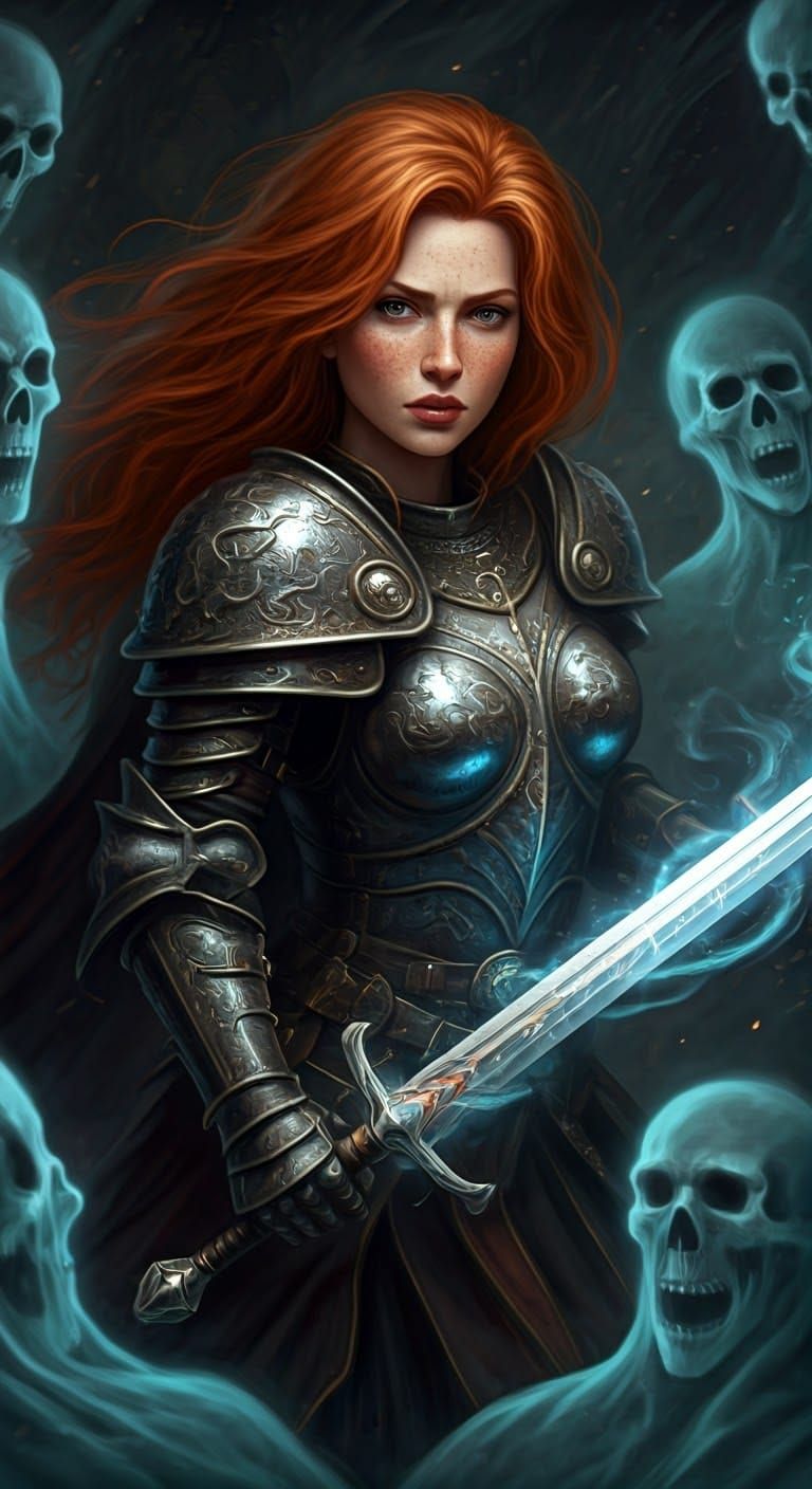 Gothic Warrior Battles Ghostly Foes in Cyberpunk Aesthetic