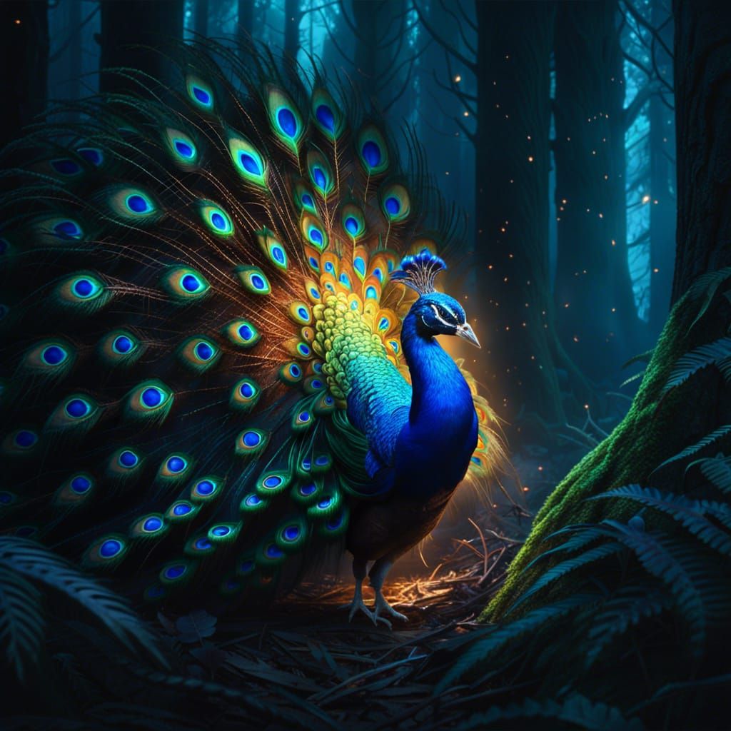 Luminous Peacock in Dark Forest: Digital Art