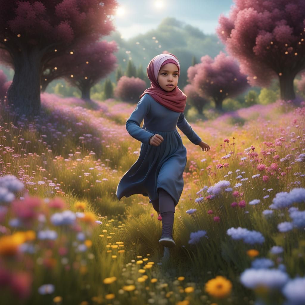 Little Hijabi Girl in Fantastical Flower Meadow