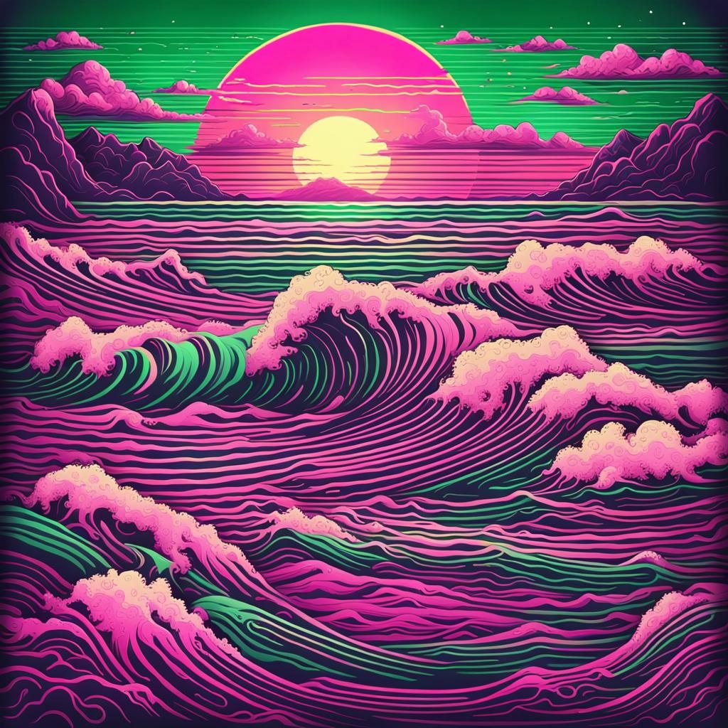 Synthwave Sunset Over a Rough Neon Sea