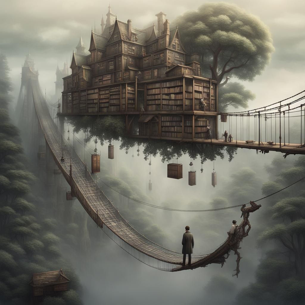 Bookseller in Misty Forest: Dystopian Fantasy Illustration