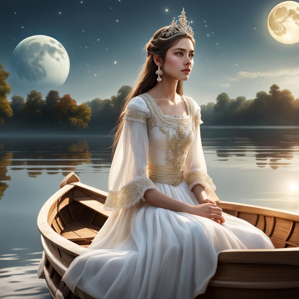 Fantasy Girl in Boat on Lake at Night