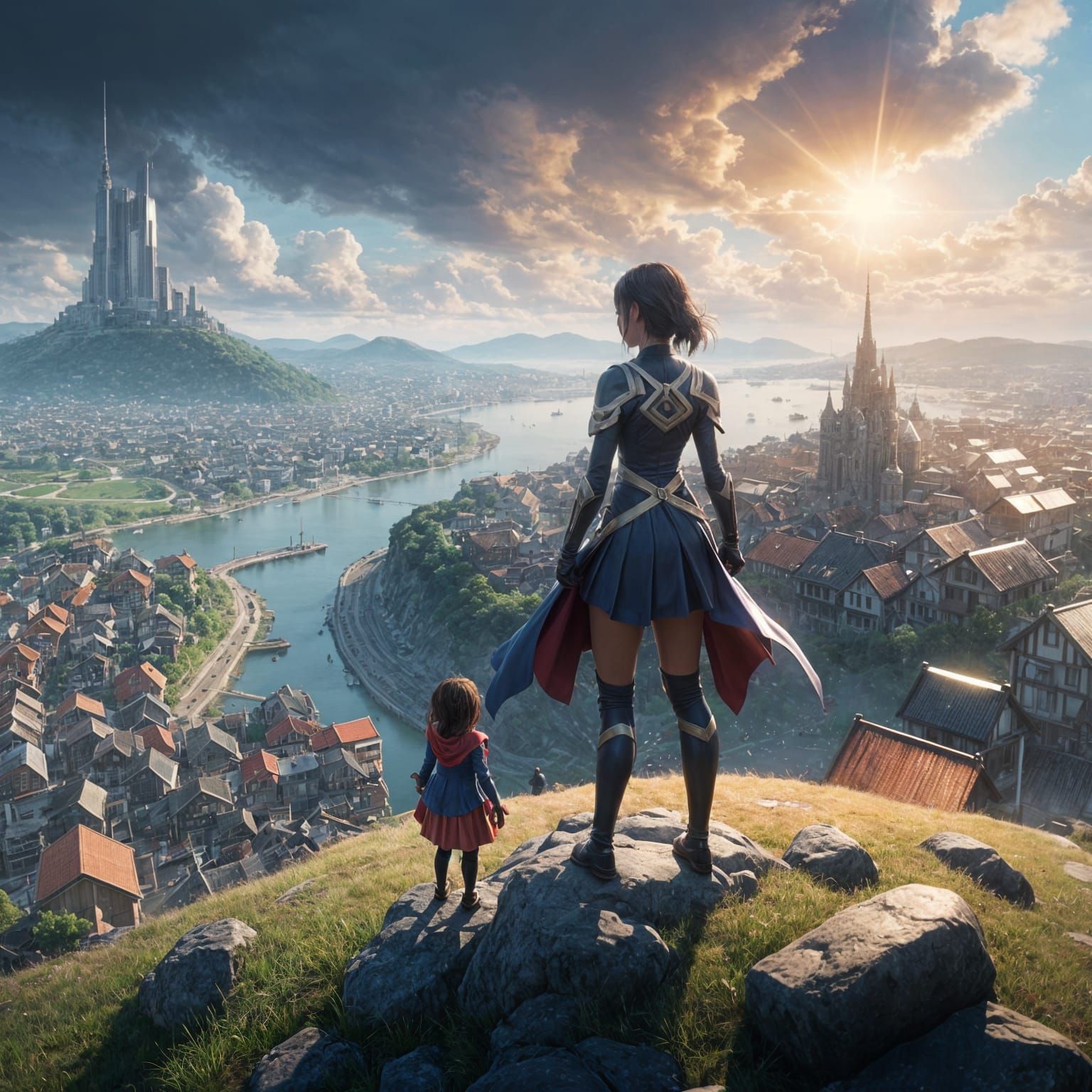 Anime Girl Superhero Gazing Over Futuristic City and Village