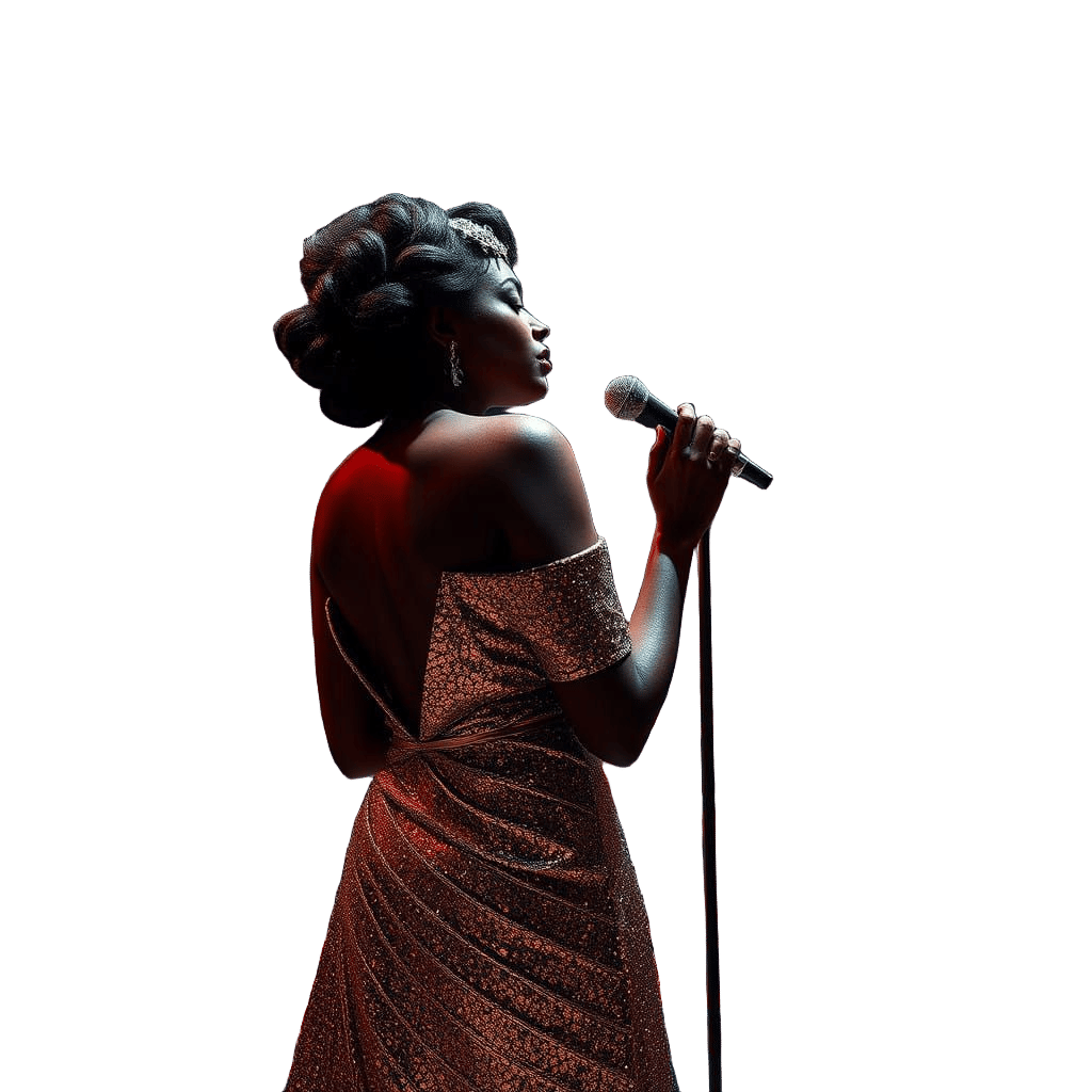 Sultry Jazz Singer in Metallic Gown and Jewelry amidst a Vib...