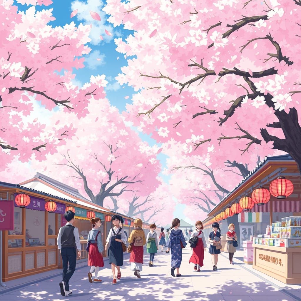 Whimsical Cherry Blossom Festival in Vibrant Anime Style