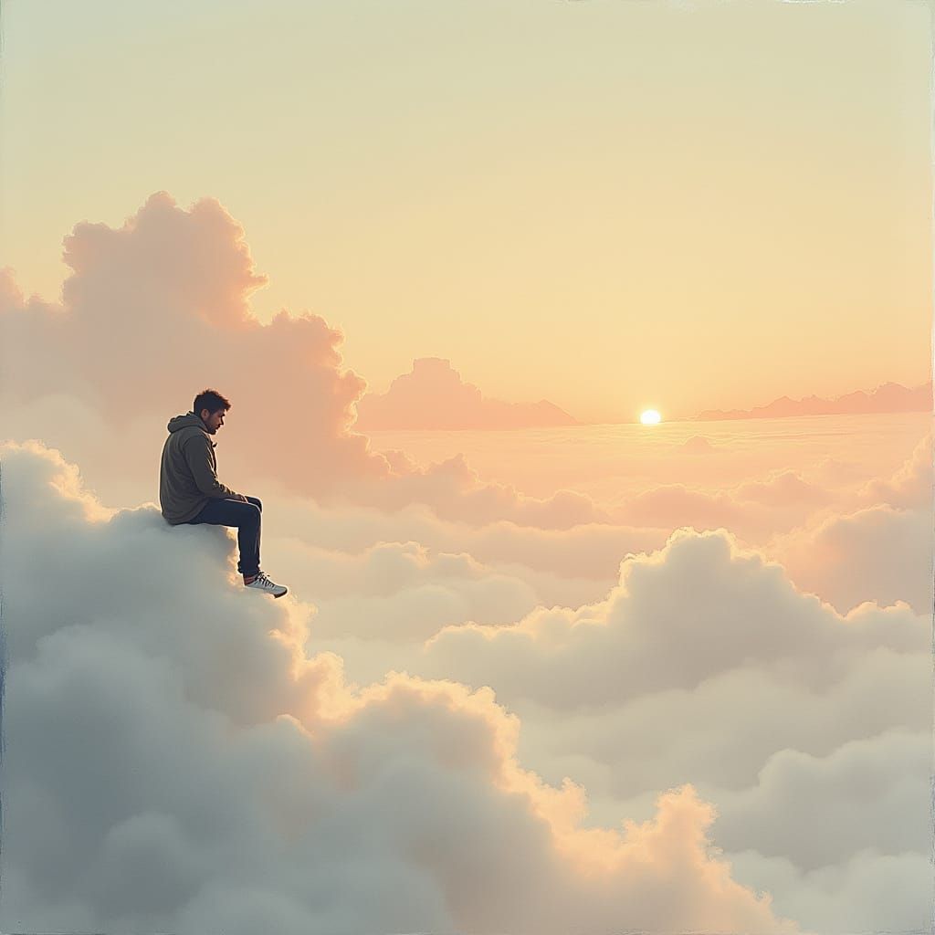 Contemplative Figure on a Dreamy Cloudscape in Watercolor St...