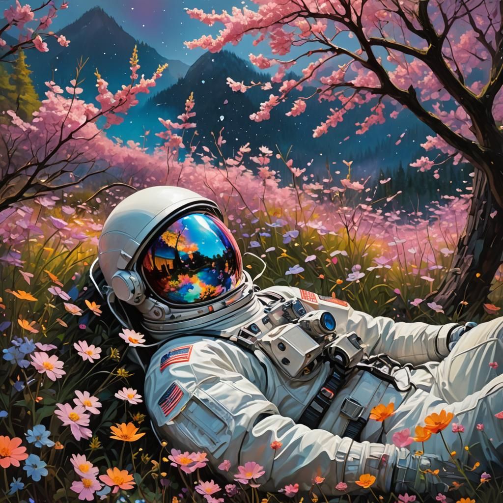 Astronaut in Wildflower Field Reflecting the Universe
