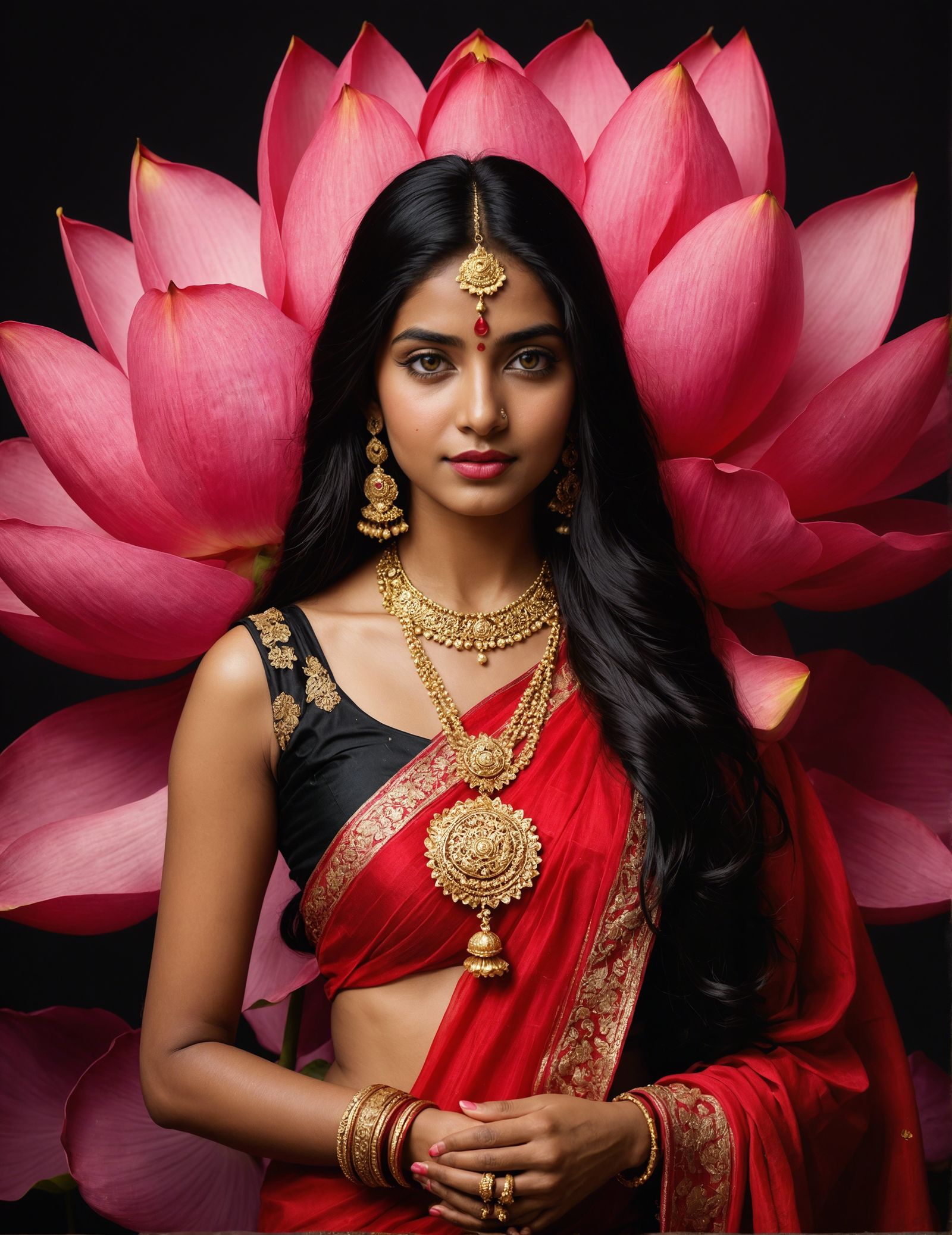 Indian Girl in Red Sari with Lotus Flower