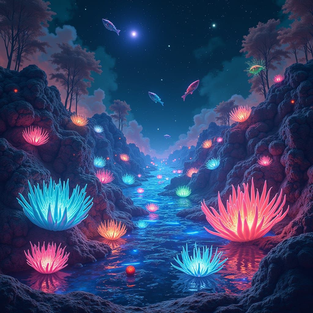 Bioluminescent Alien Tidepool Scene in Mixed Media Style