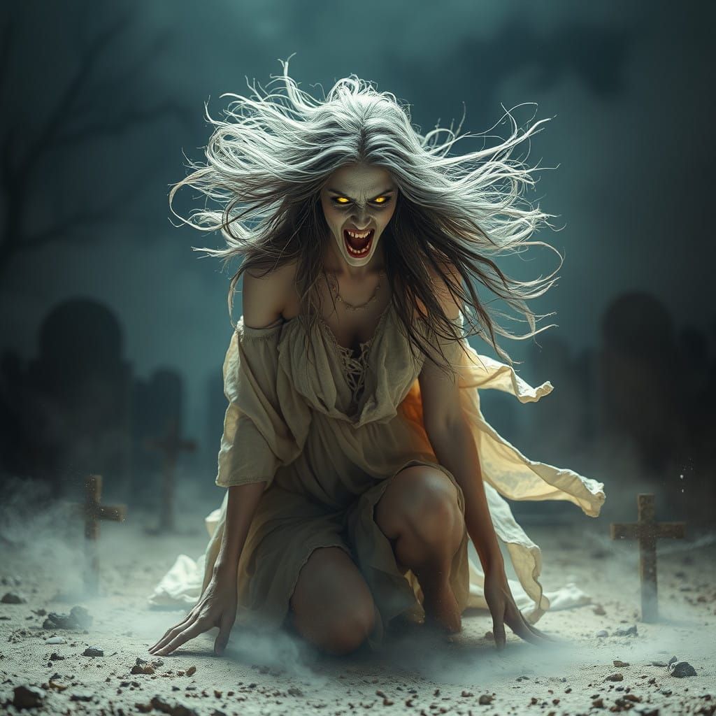 Mournful Banshee in Eerie Wasteland Graveyard