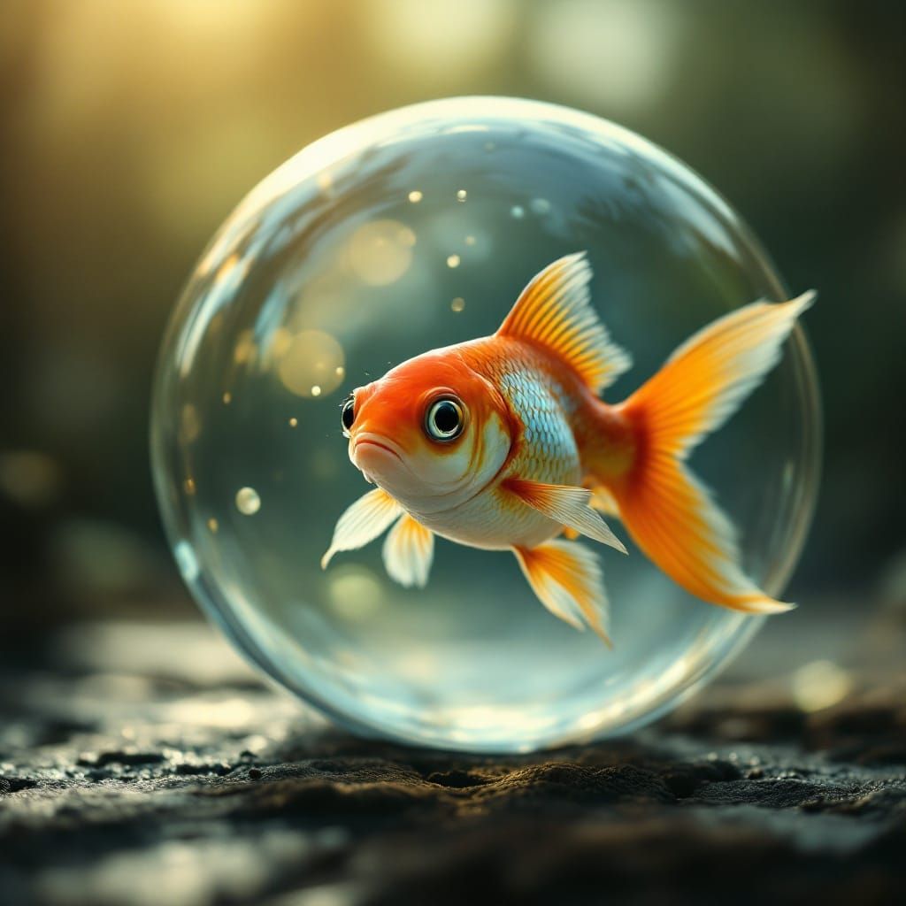 Surreal Portrait of a Goldfish in a Transparent Bubble
