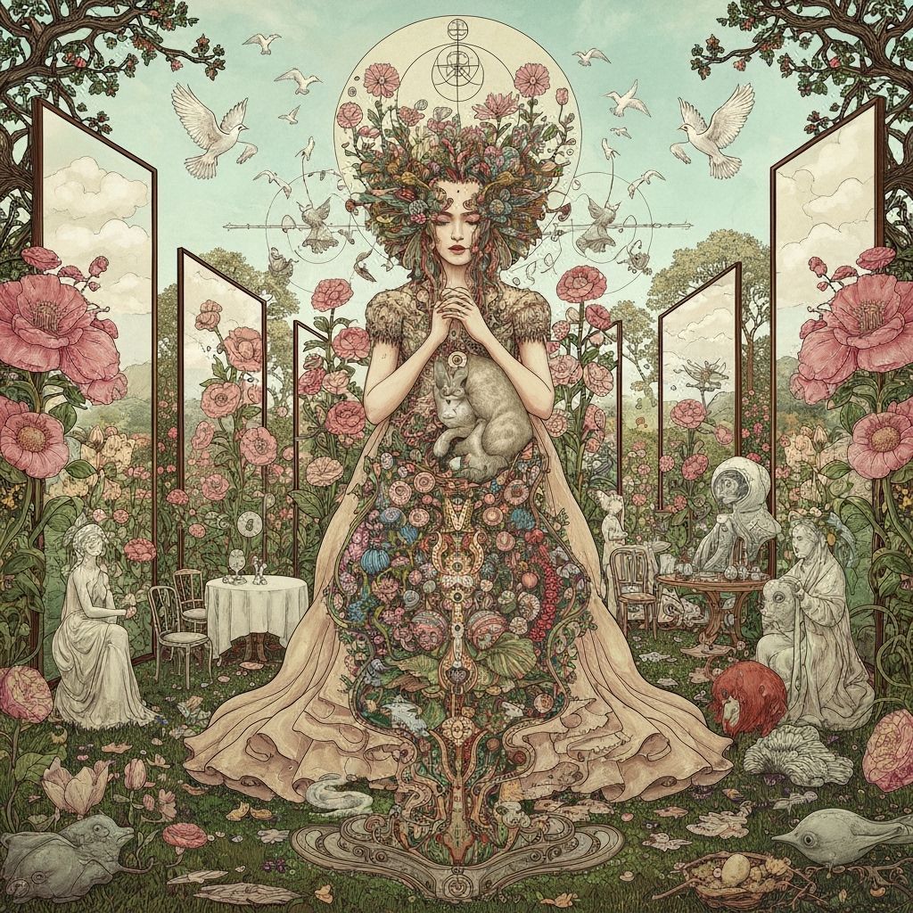 Woman and Cat in Surreal Biomechanical Garden