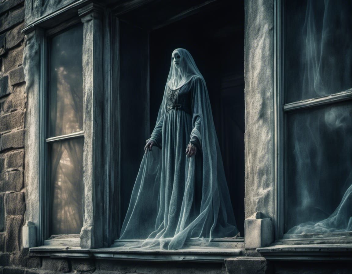 Ethereal Woman in Window: Cinematic Still
