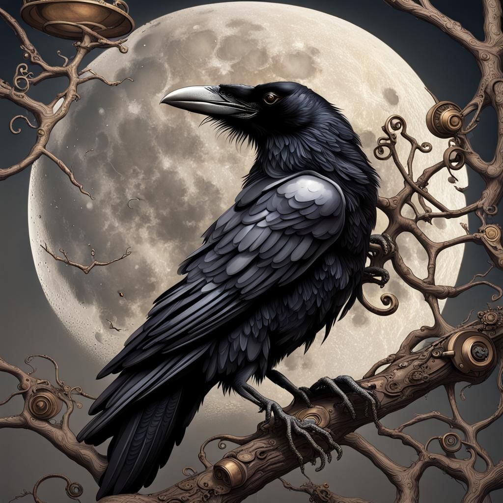 Steampunk Raven on Branch Before the Moon