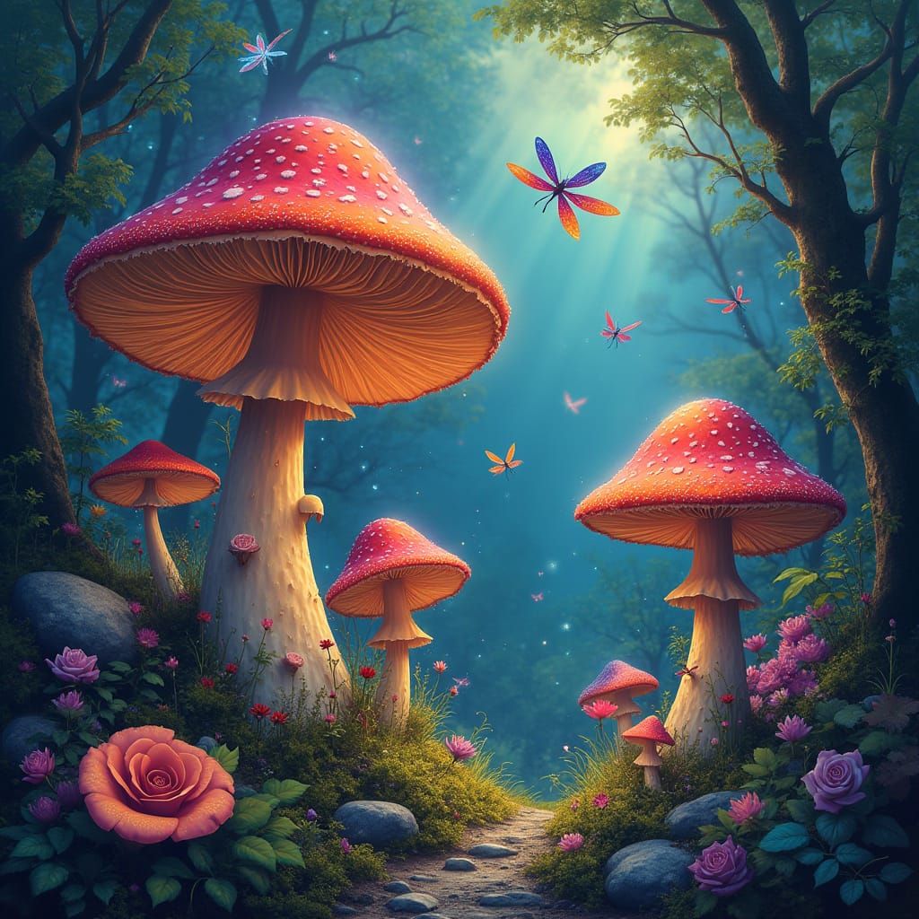 Boho Mushrooms and Dragonflies in Astral Forest