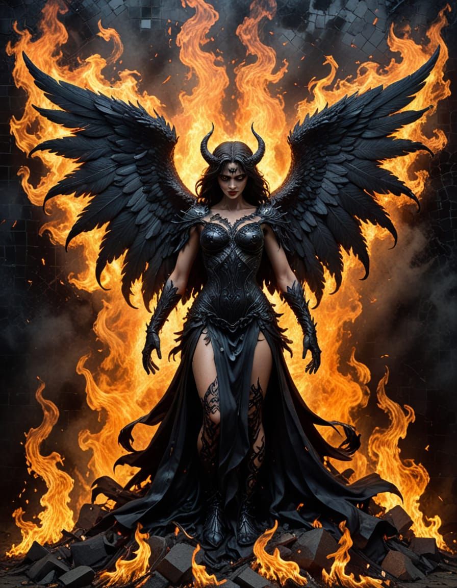 Epic Fallen Angel Descends Amidst Dark Mosaic Flames