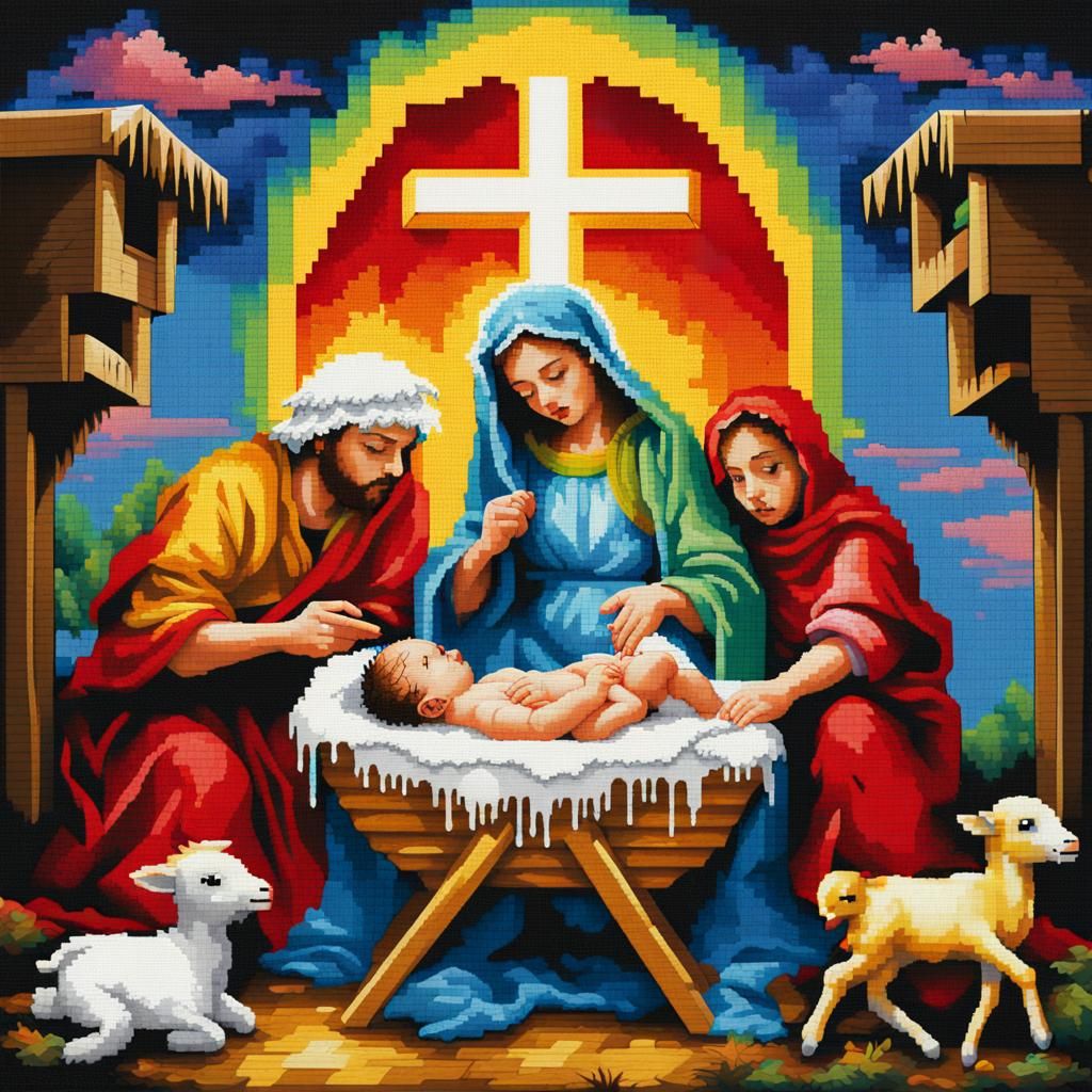 Baby Jesus Cross-Stitch in Graffiti Art Style