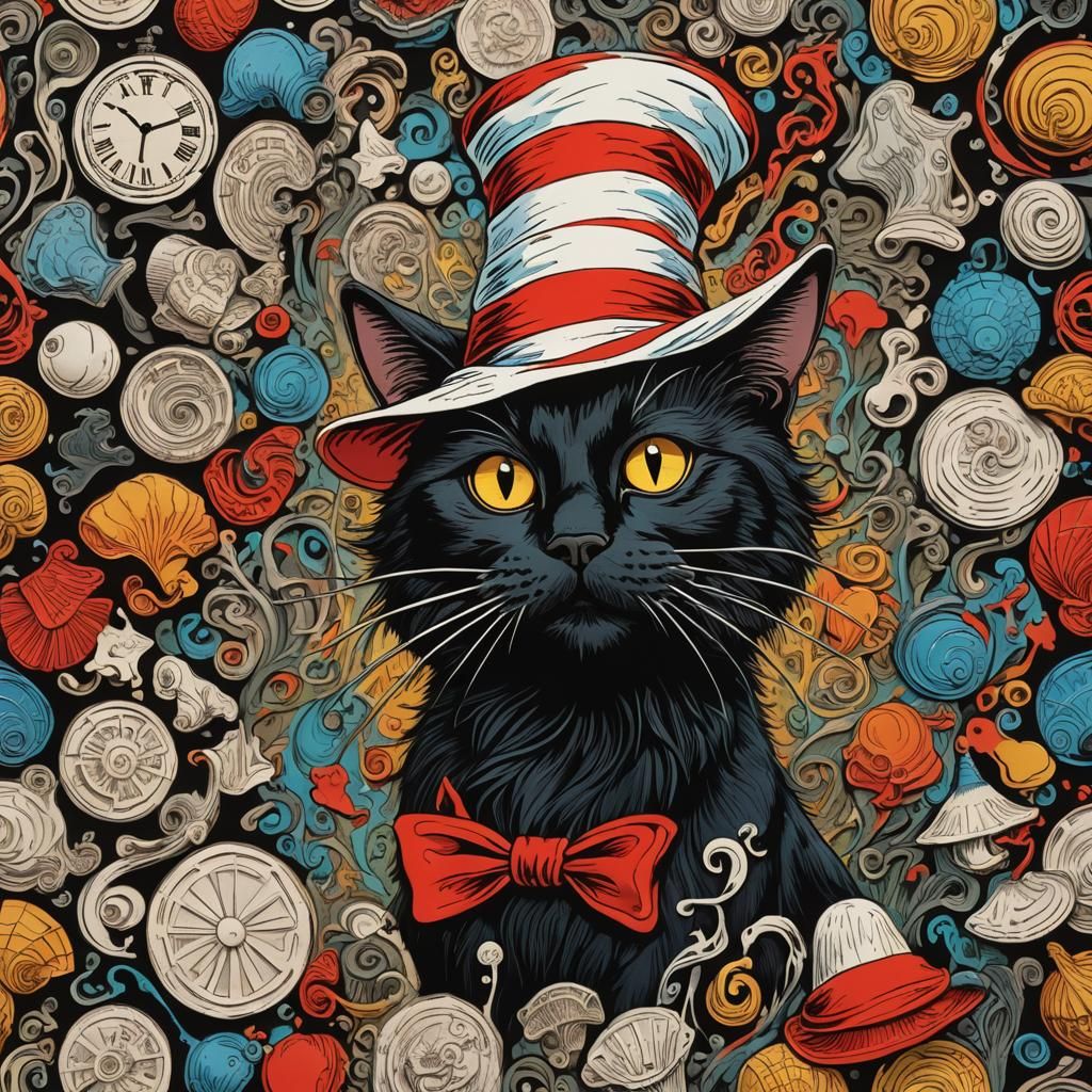 Dr. Seuss Cat in the Hat, Colorful Woodcut