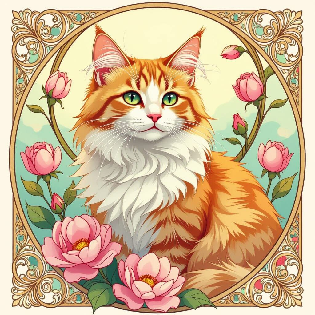 Cat Surrounded by Flowers in Art Nouveau Style