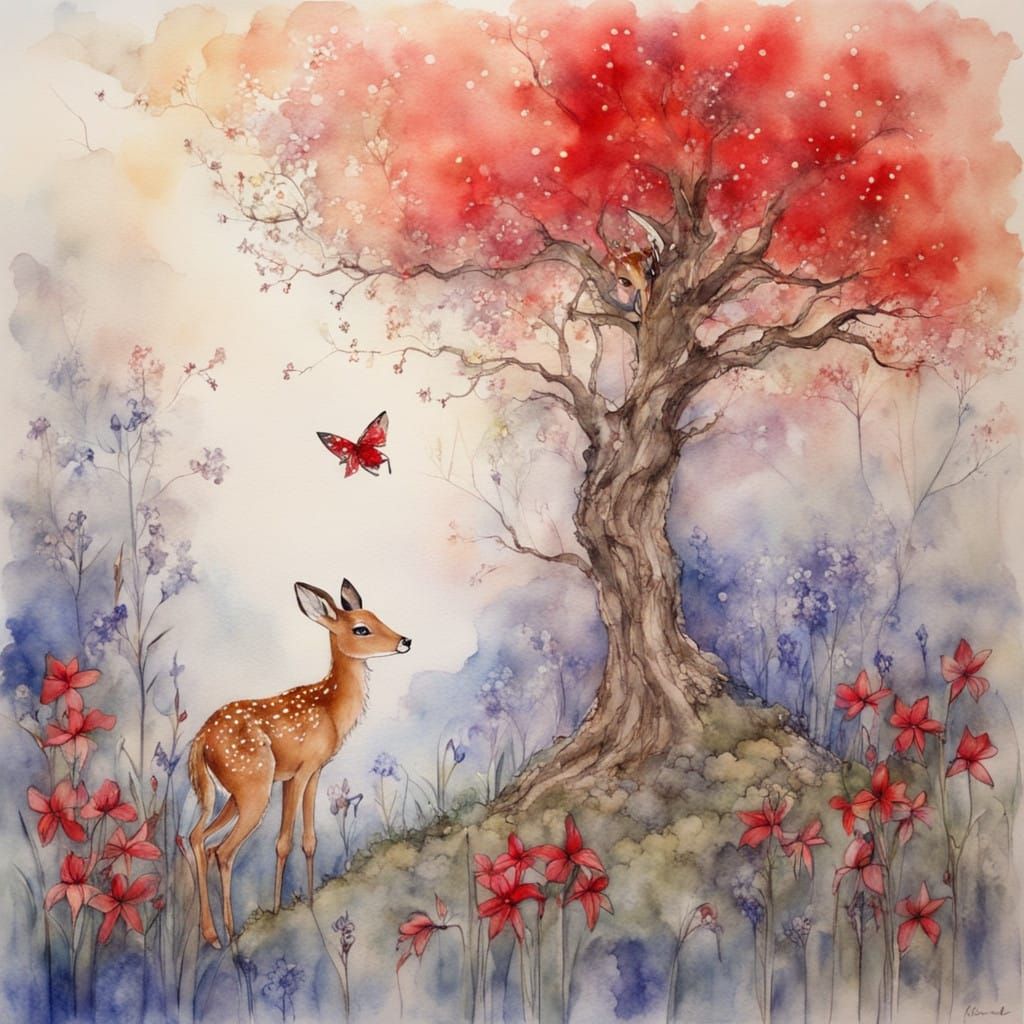 Fairy Embracing Fawn Under Iris Tree