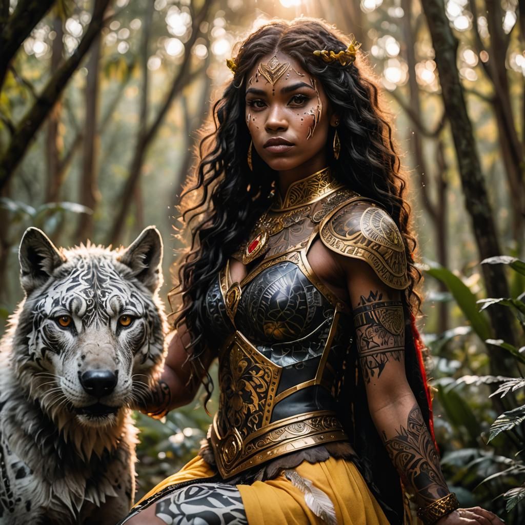 Elven Princess Riding Dire Wolf in Hyperdetailed Forest