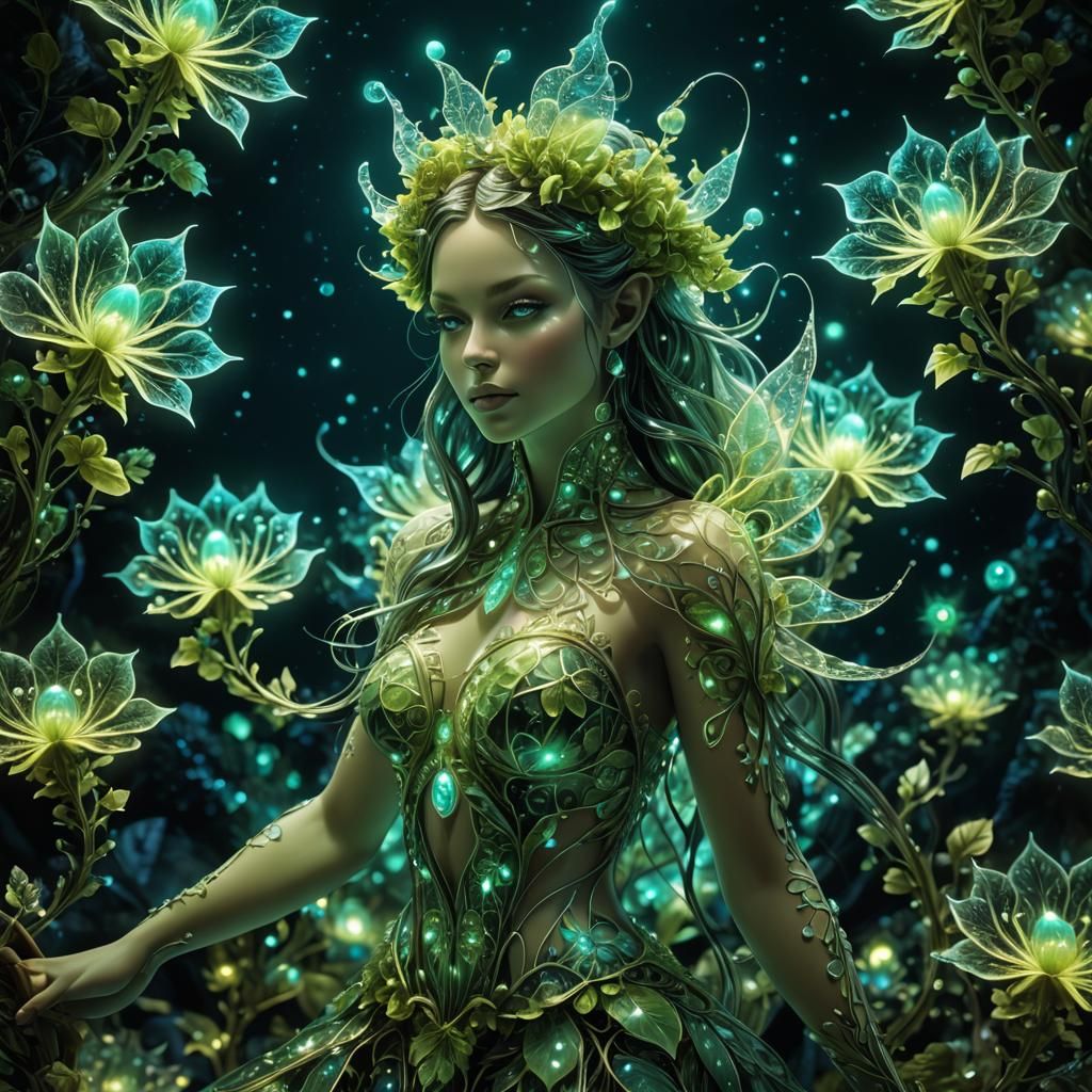 Bioluminescent Fractal Fairy Plants in Galactic Night