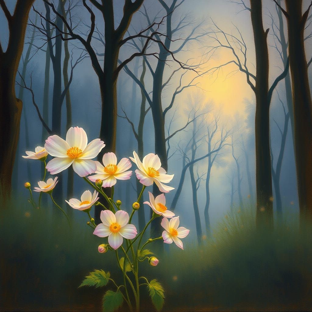 Dreamy Luminous Blooms in a Whimsical Twilight Forest