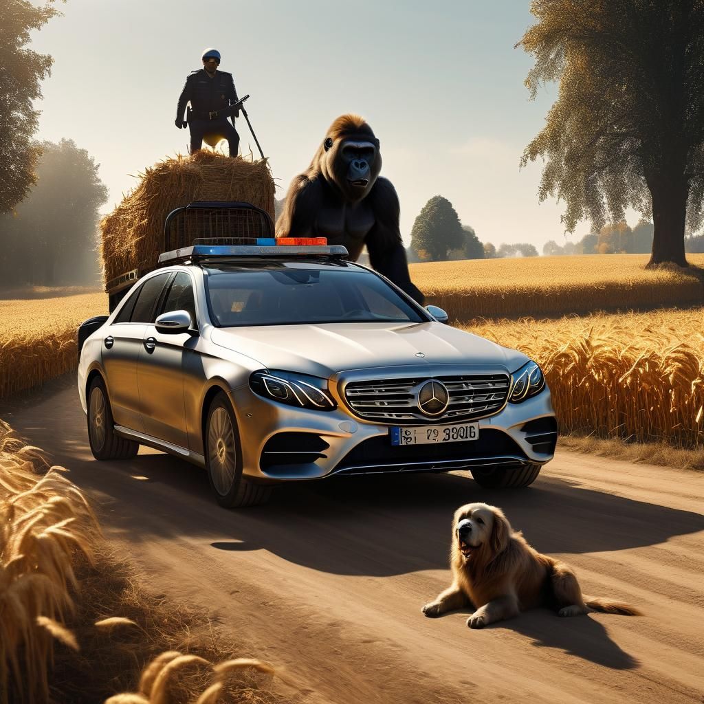 Autumn Drive: Mercedes in Golden Field at Sunset