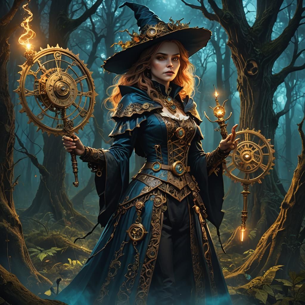 Clockwork Witch and Vampire in Steampunk Forest