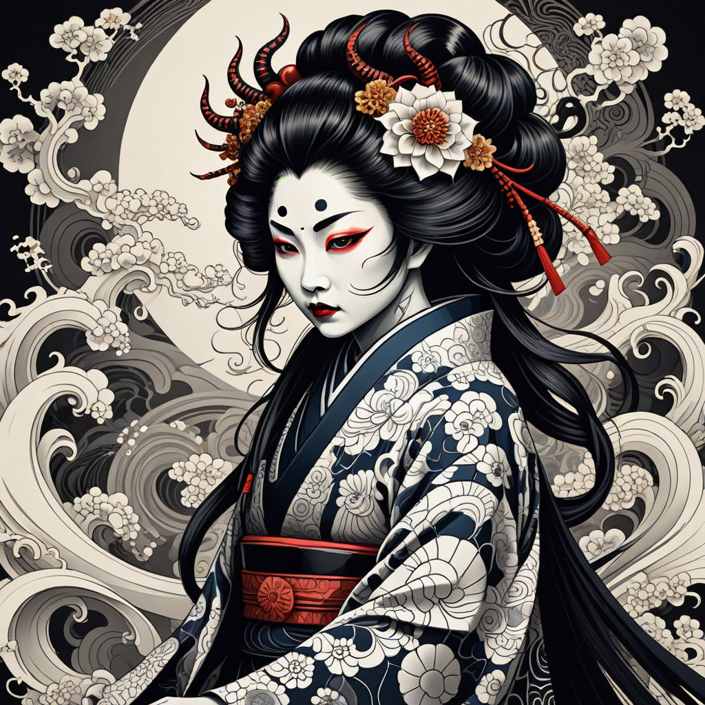 Surreal Geisha Haunts with Ghostly Demon in Traditional Japa...