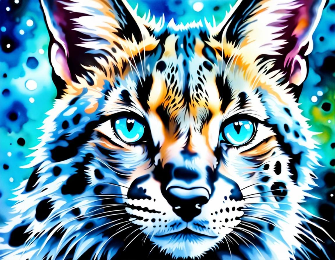 A Spotted African Serval Cat with Beautiful Large Blue Eyes Portrait